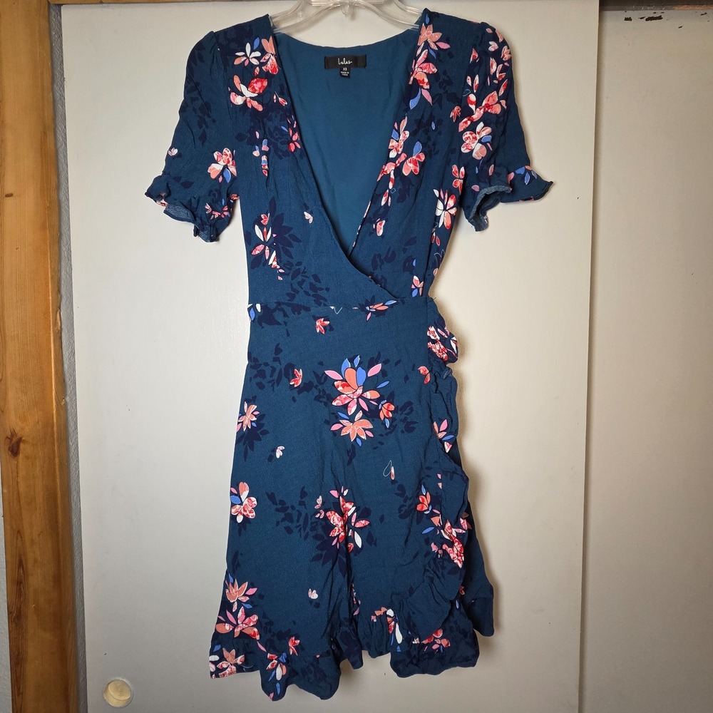 Lulus Women's Floral Wrap Dress Teal Pink Size XS Wedding Guest Event Elegant